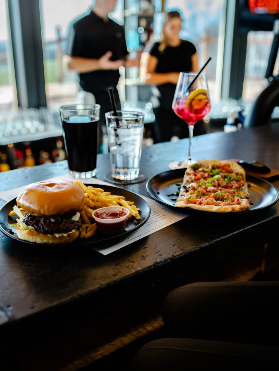 Burger, tacos and cocktails on the bar at Lone Oak Fox Meadow