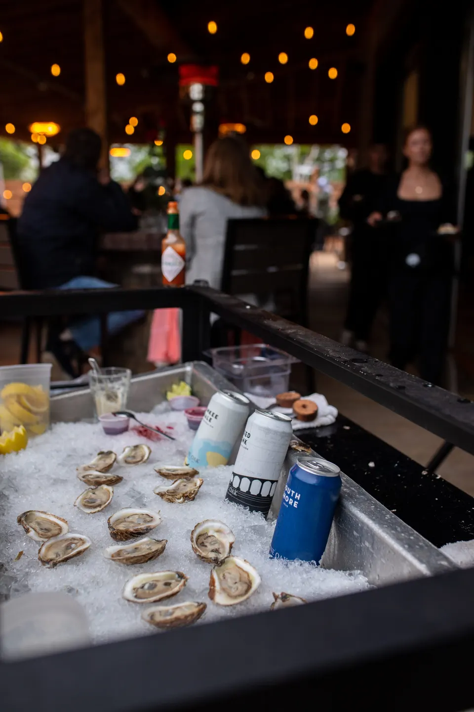Fresh PEI oysters on ice beside cans of Lone Oak beer
