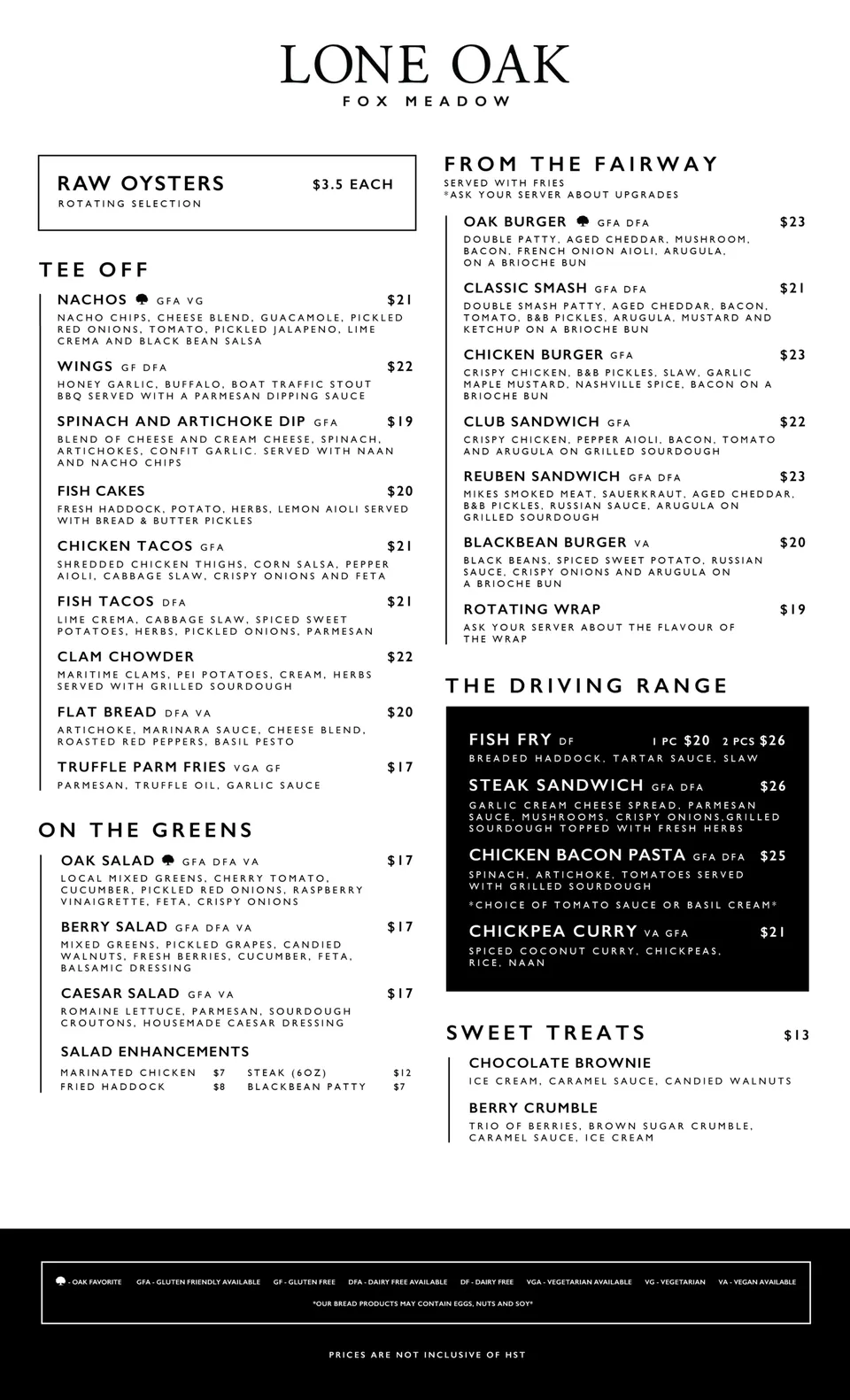 Fox Meadow Restaurant & Event Centre menu, page 1