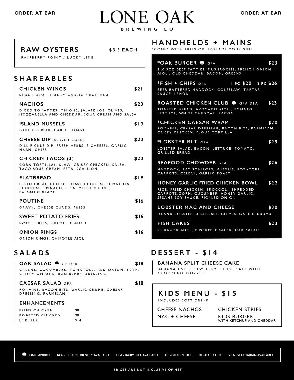 Brewery Taproom menu, page 1