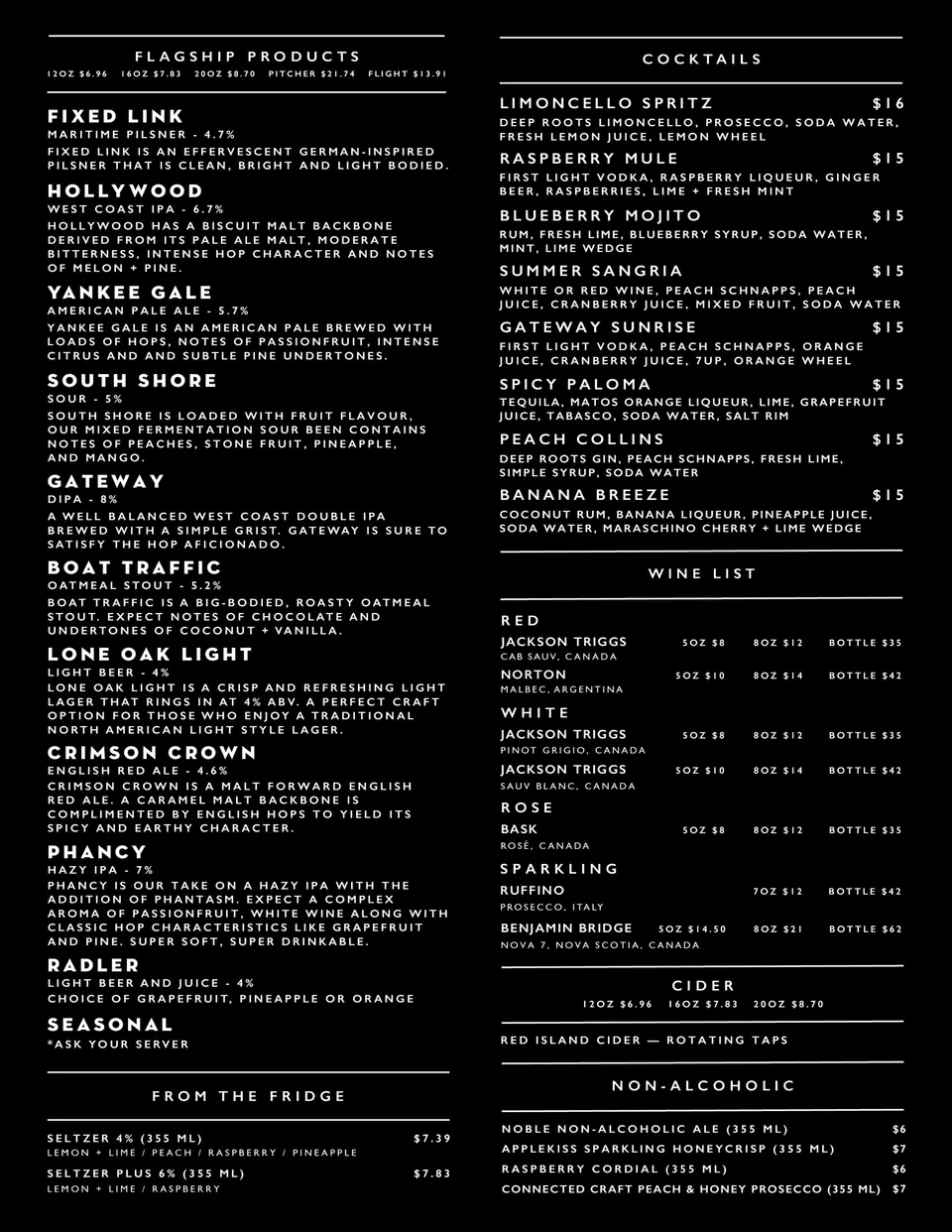 Brewery Taproom menu, page 2