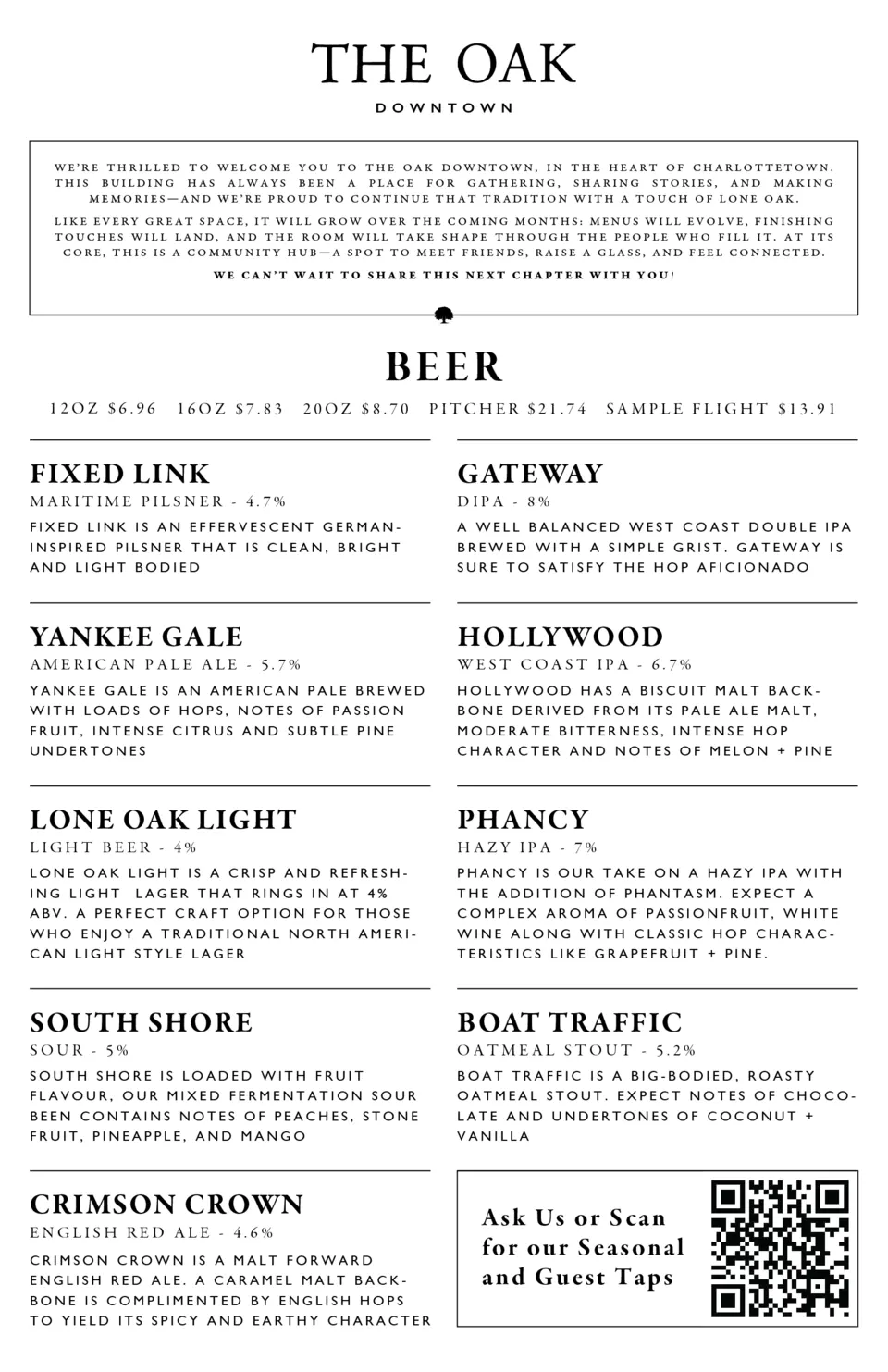 The Oak Downtown menu, page 1